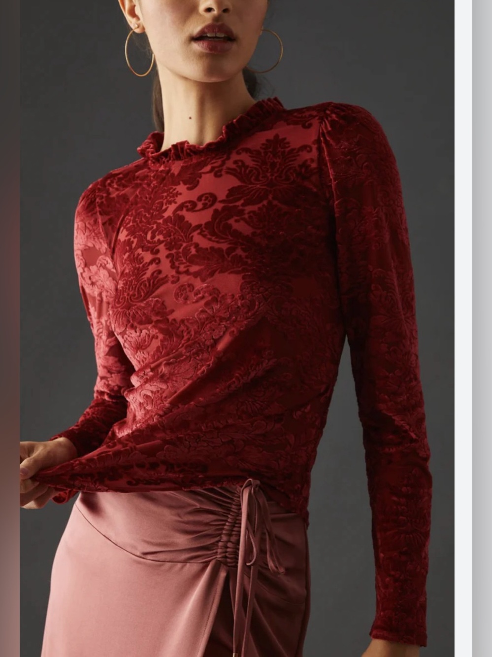Anthropologie Red Velvet Burnout Long-Sleeve Top